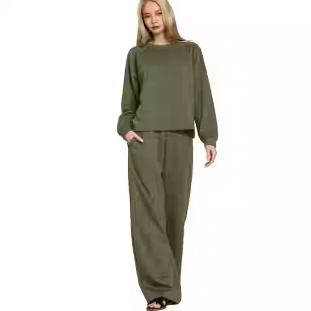 New Zenana Scuba Crewneck Sweatshirt Pants Set Olive large lounge